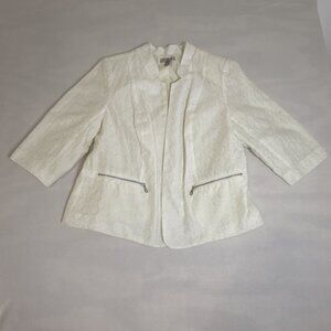 Jacket Blazer Roz & Ali Size 1X White Open Front Lined 3/4 Sleeve Silver Grommet